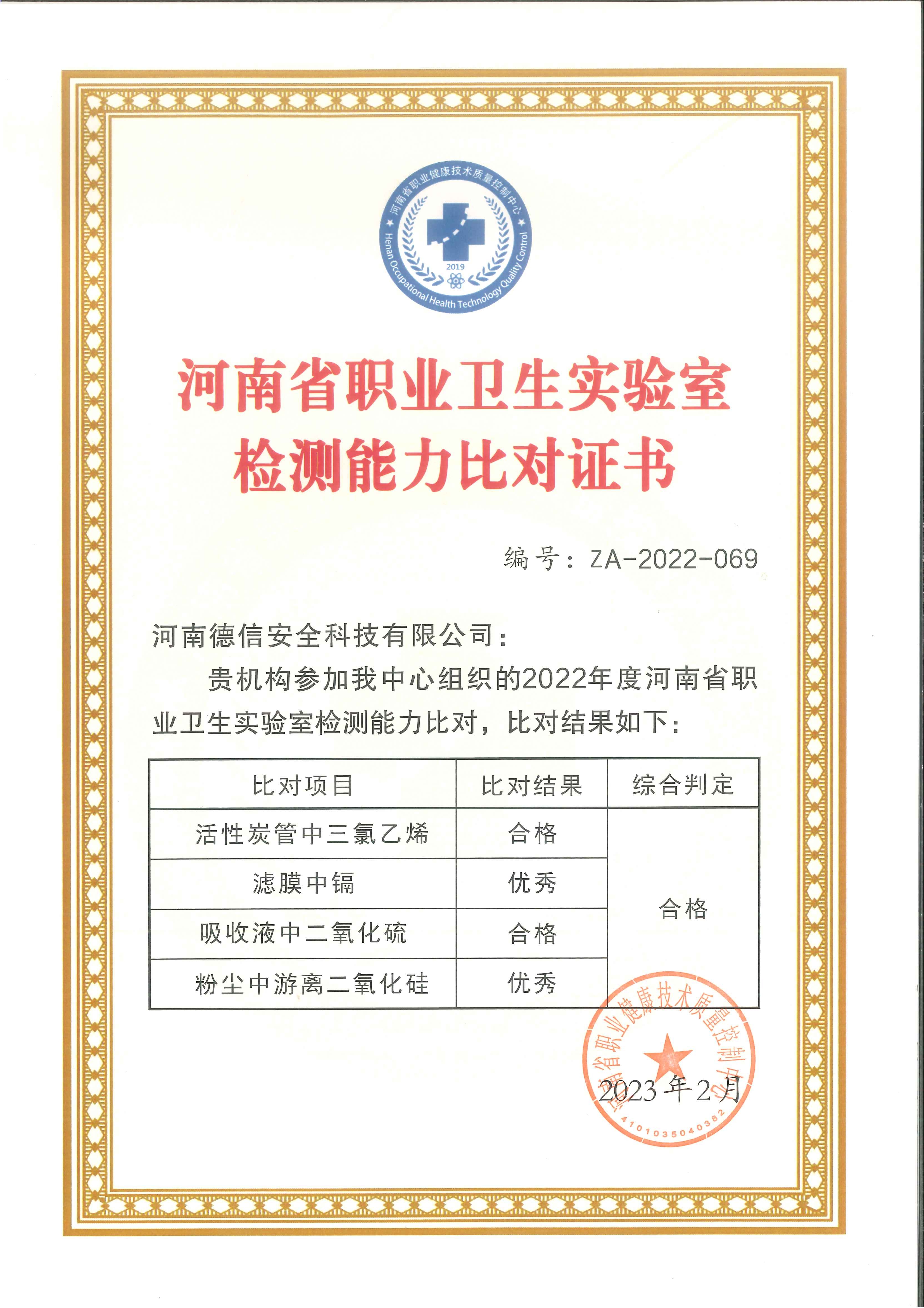 2022年河南省職業(yè)衛(wèi)生實(shí)驗(yàn)室檢測(cè)能力比對(duì)證書